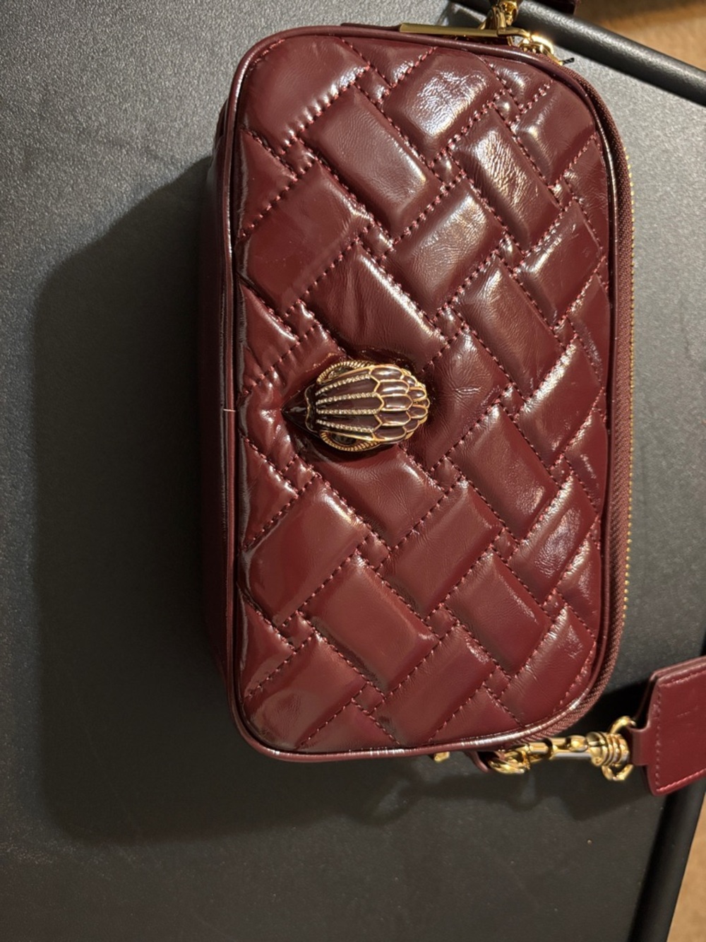Quilted Wine-Red Leather Crossbody Bag with Gold Accent